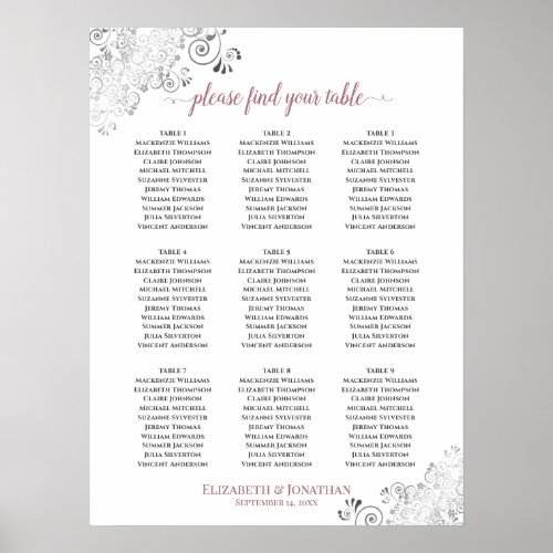 Frilly 9 Table Wedding Seating Chart White  Rose