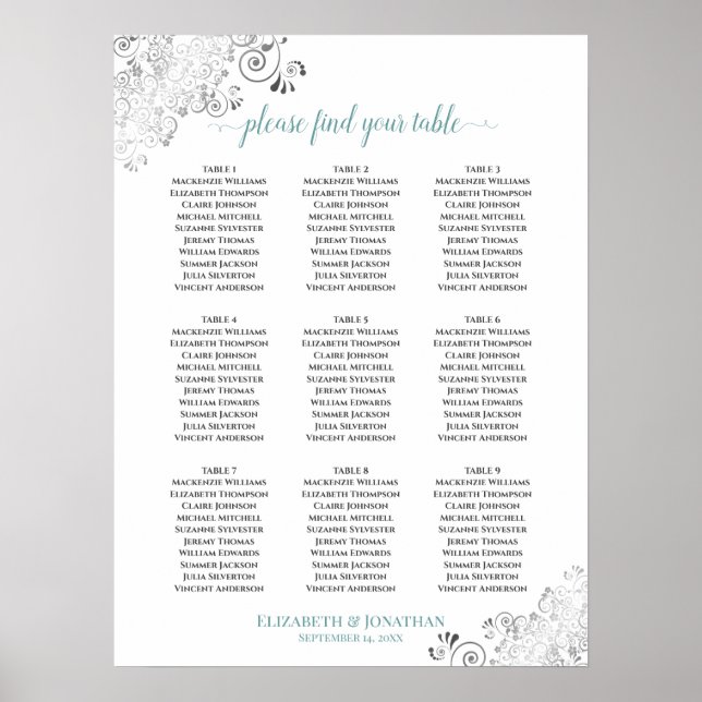 Frilly 9 Table Wedding Seating Chart White & Teal (Front)