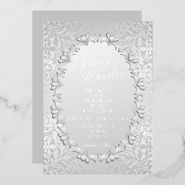 Frilly and Feminine Silver Foil Wedding Invitation Foil Invitation (Front/Back)