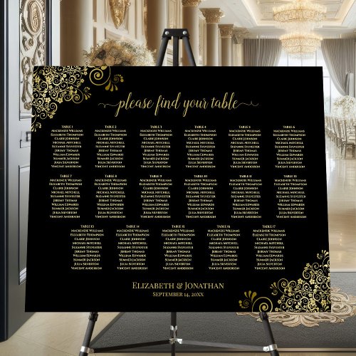 Frilly Black  Gold 17 Table Wedding Seating Chart Foam Board