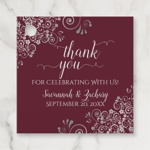 Frilly Burgundy  Silver Gray Wedding Thank You Favor Tags