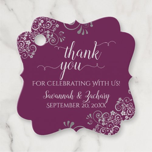 Frilly Cassis Purple  Silver Wedding Thank You Favor Tags