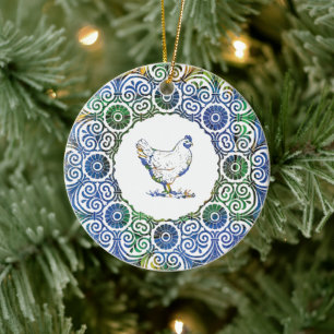 Frilly Chicken in Blue and Green Ceramic Ornament