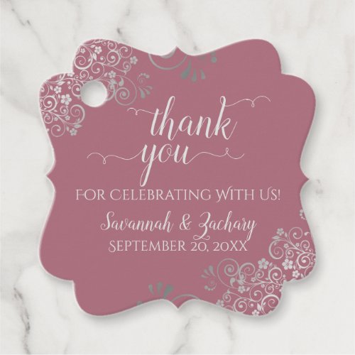 Frilly Dusty Rose  Silver Gray Wedding Thank You Favor Tags