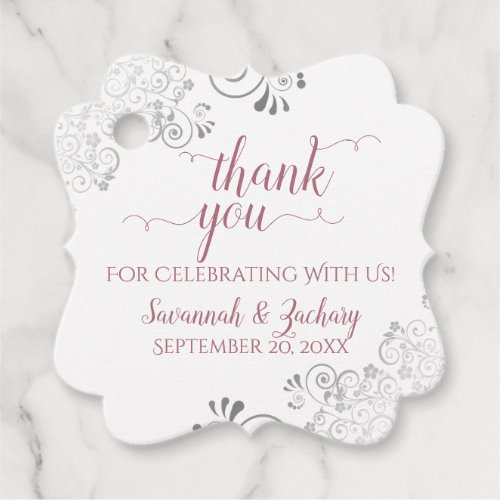 Frilly Dusty Rose White  Silver Wedding Thank You Favor Tags