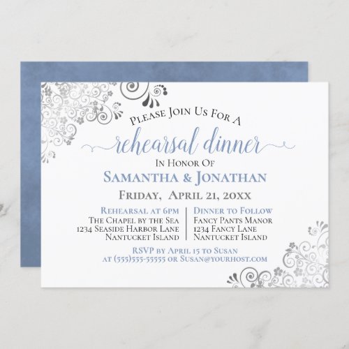Frilly Elegant Blue Gray Wedding Rehearsal Dinner Invitation