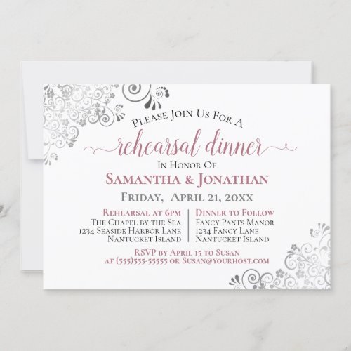 Frilly Elegant Dusty Rose Wedding Rehearsal Dinner Invitation