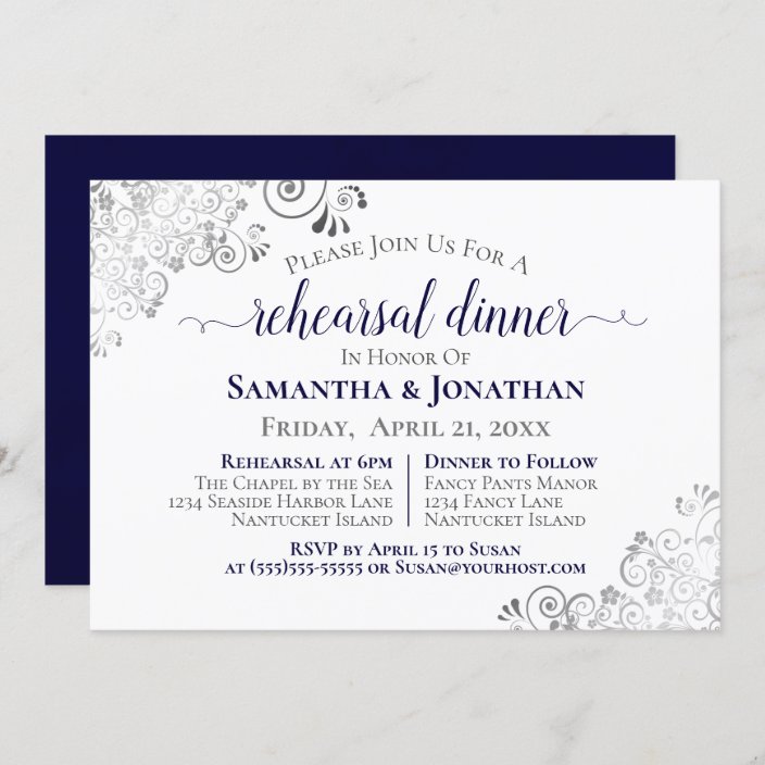 Frilly Elegant Navy Blue Wedding Rehearsal Dinner Invitation