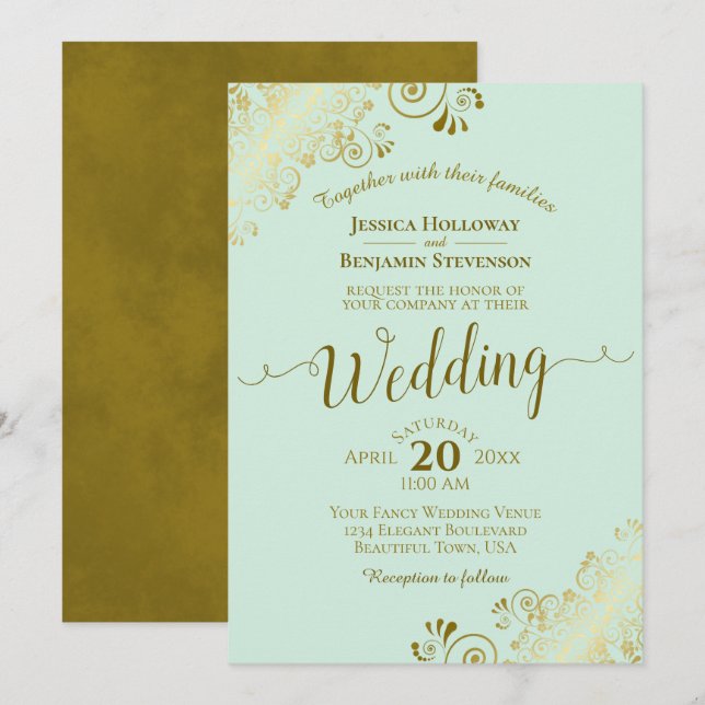 Frilly Elegant Pale Mint Green & Gold Wedding Invitation (Front/Back)
