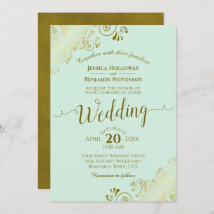 Frilly Elegant Pale Mint Green & Gold Wedding Invitation