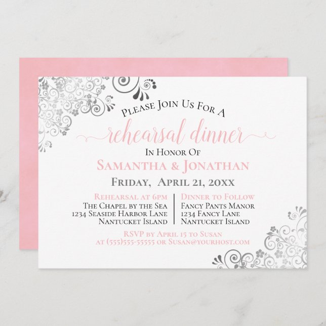Frilly Elegant Pink Wedding Rehearsal Dinner Invitation (Front/Back)