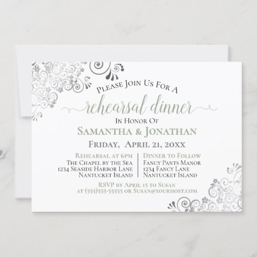 Frilly Elegant Sage Green Wedding Rehearsal Dinner Invitation