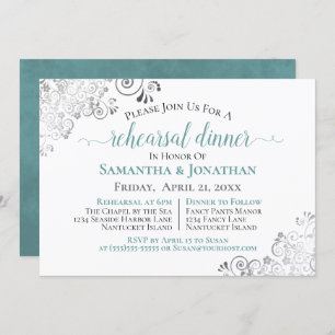 Frilly Elegant Teal Wedding Rehearsal Dinner Invitation