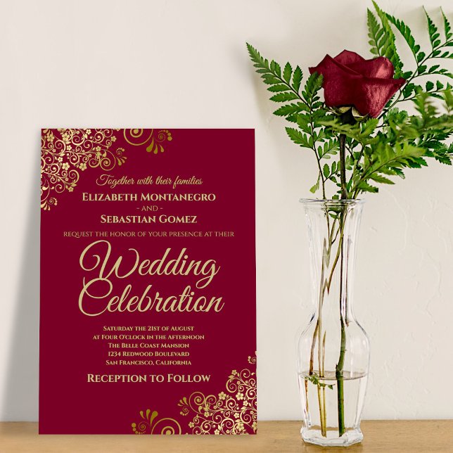 Frilly Gold Burgundy Maroon Simple Elegant Wedding Invitation (Creator Uploaded)