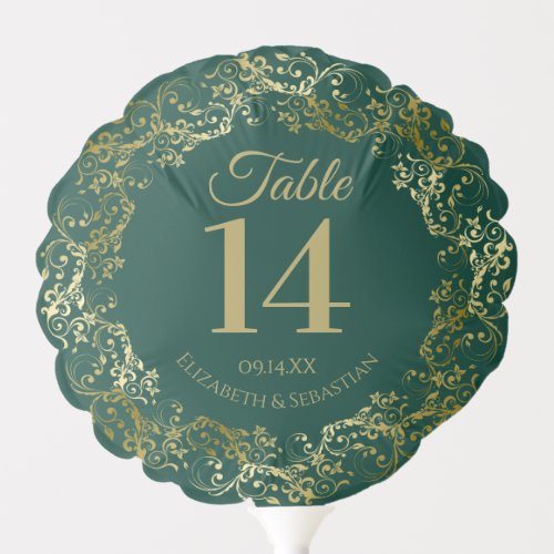 Frilly Gold  Emerald Green Wedding Table Number Balloon