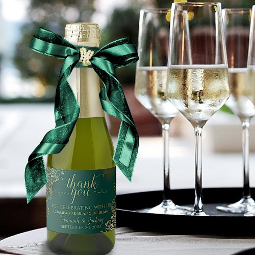 Frilly Gold  Emerald Green Wedding Thank You Mini Sparkling Wine Label