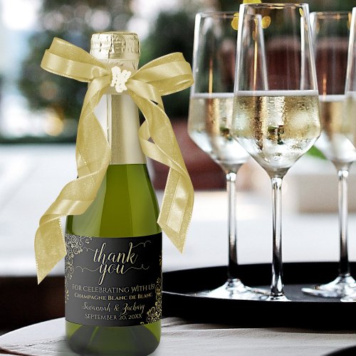 Frilly Gold on Black Wedding Thank You Mini Sparkling Wine Label