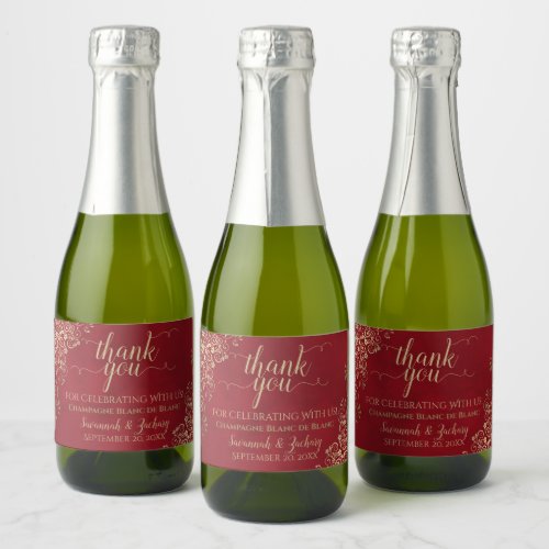 Frilly Gold on Crimson Red Wedding Thank You Mini Sparkling Wine Label