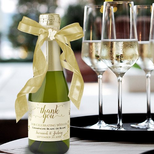 Frilly Gold on Ivory Cream Wedding Thank You Mini Sparkling Wine Label