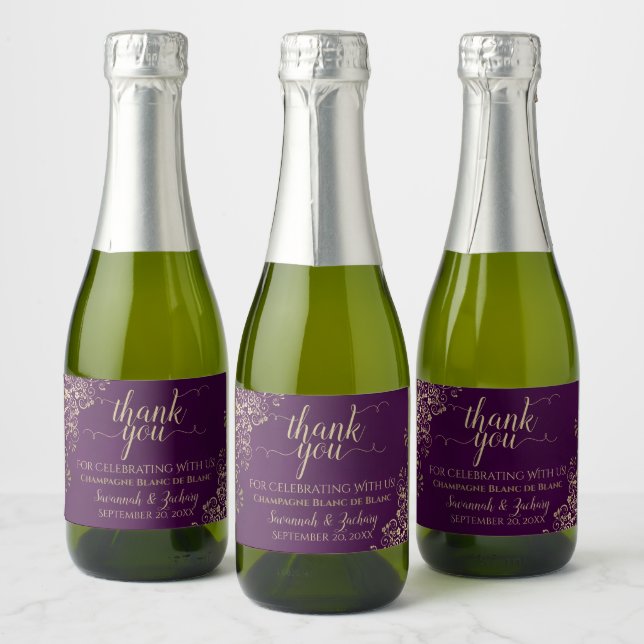 Frilly Gold on Plum Purple Wedding Thank You Mini Sparkling Wine Label (Bottles)