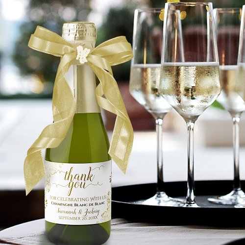 Frilly Gold on White Wedding Thank You Mini Sparkling Wine Label