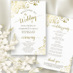 Frilly Gold & White Elegant Budget Wedding Program<br><div class="desc">These wedding programs are elegant and tasteful, while still being budget friendly. The design features ornate golden faux foil curls and swirls with gold text on a white background. The typography features lacy script calligraphy, and there is room for details on the ceremony, the bridal party, and a short thank...</div>