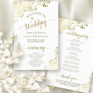 Frilly Gold & White Elegant Budget Wedding Program