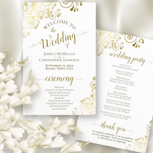 Frilly Gold  White Elegant Budget Wedding Program