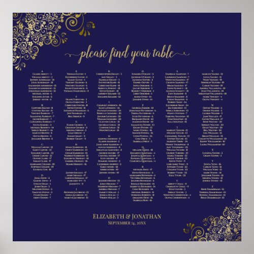 Frilly Navy Blue  Gold Alphabetical Seating Chart