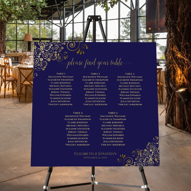 Frilly Navy Blue & Gold Chic 5 Table Seating Chart Foam Board (On Stand at Reception)