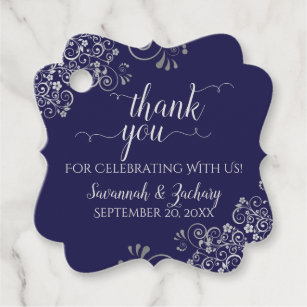 Frilly Navy Blue & Silver Gray Wedding Thank You Favor Tags