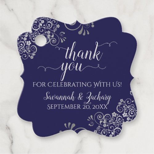 Frilly Navy Blue  Silver Gray Wedding Thank You Favor Tags