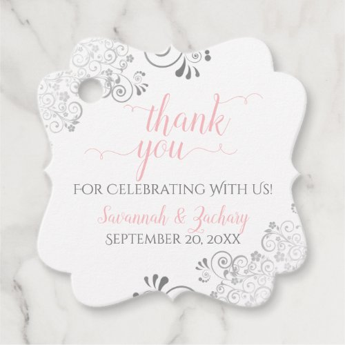Frilly Pink White  Silver Gray Wedding Thank You Favor Tags