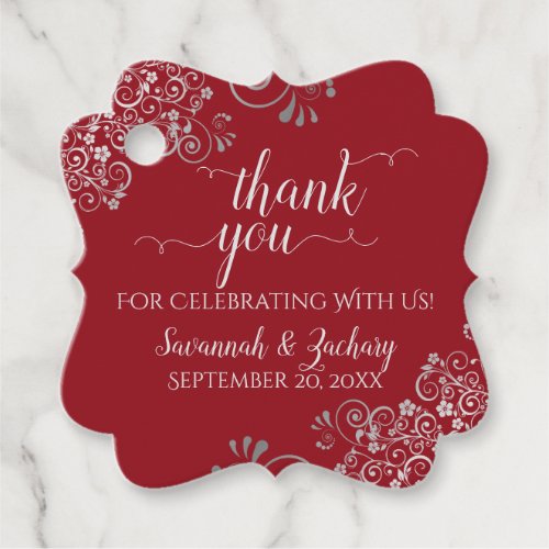 Frilly Red  Silver Gray Wedding Thank You Favor Tags