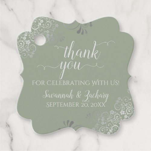 Frilly Sage Green  Silver Gray Wedding Thank You Favor Tags
