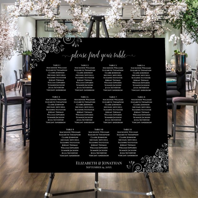 Frilly Silver 11 Table Classic Black Seating Chart Foam Board (In Situ on Stand at Reception)