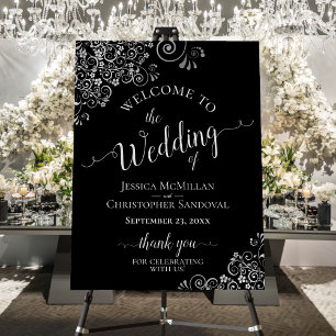 Frilly Silver & Black Elegant Wedding Welcome Foam Board