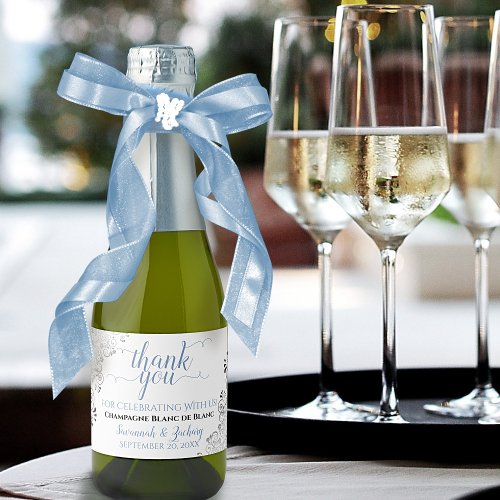 Frilly Silver Blue  White Wedding Thank You Mini Sparkling Wine Label