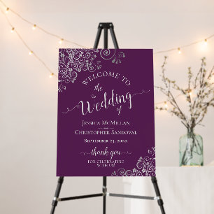Frilly Silver Elegant Plum Purple Wedding Welcome Foam Board