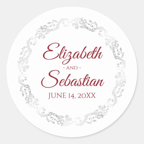 Frilly Silver Lace Elegant Red on White Wedding Classic Round Sticker