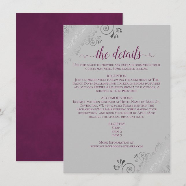 Frilly Silver Lace Magenta & Gray Wedding Details Enclosure Card (Front/Back)