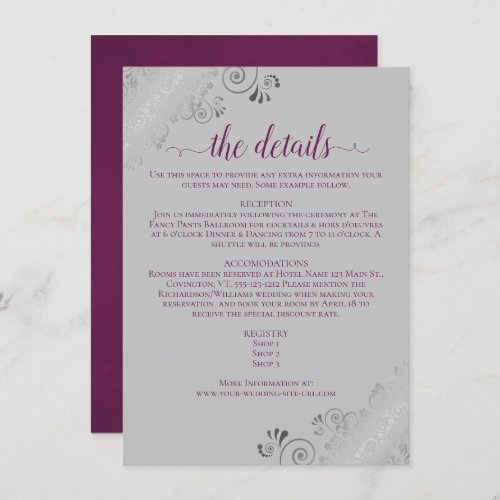 Frilly Silver Lace Magenta  Gray Wedding Details Enclosure Card