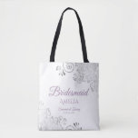 Frilly Silver & Lavender Bridesmaid White Wedding Tote Bag<br><div class="desc">These Bridesmaid tote bags are designed as favors or gifts for wedding bridesmaids. Great swag bag to fill with favors and gifts. The simple yet elegant design features silver gray frills in the corners with fancy lavender purple colored script lettering. There is space for her name, as well as the...</div>