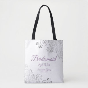 Frilly Silver & Lavender Bridesmaid White Wedding Tote Bag