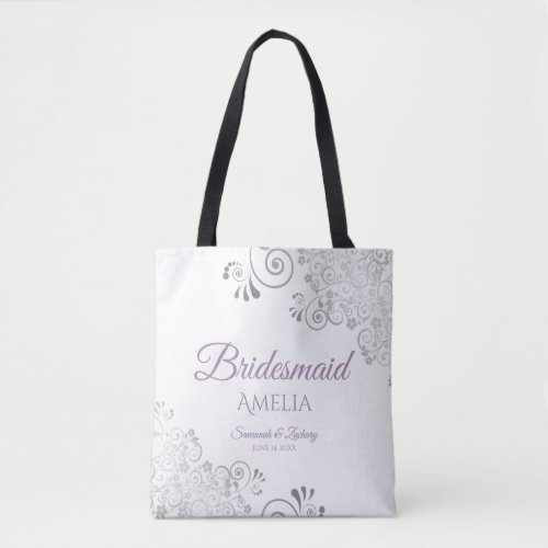 Frilly Silver  Lavender Bridesmaid White Wedding Tote Bag