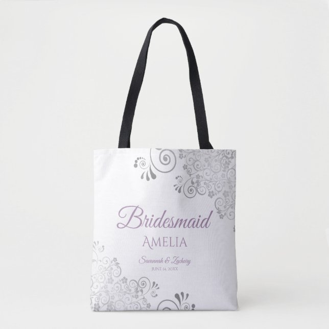 Frilly Silver & Lavender Bridesmaid White Wedding Tote Bag (Front)
