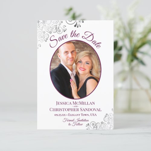Frilly Silver  Magenta on White Photo Wedding Save The Date