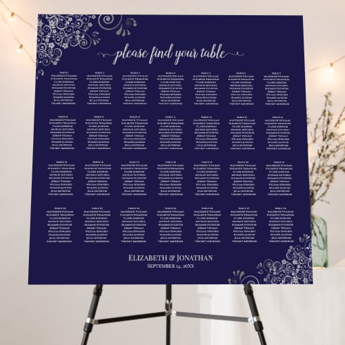 Frilly Silver  Navy Blue 28 Table Seating Chart Foam Board