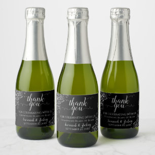 Frilly Silver on Black Wedding Thank You Mini Sparkling Wine Label