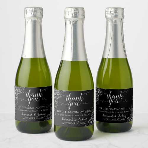 Frilly Silver on Black Wedding Thank You Mini Sparkling Wine Label